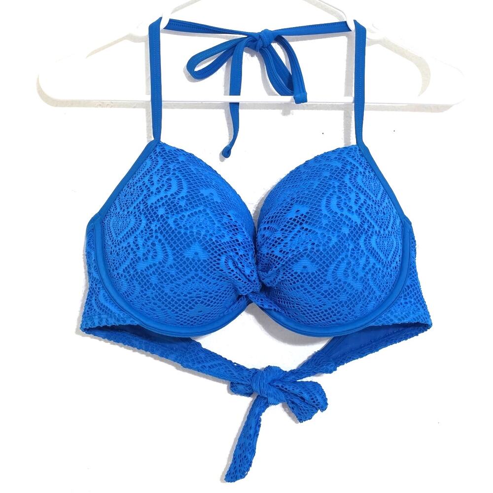 Aerie Twist Front Underwire Lace Overlay Halter Bikini Top Blue Size 36DD